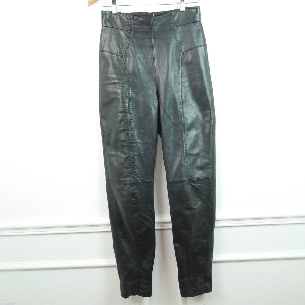 Michael Hoban North Beach High Waist Leather Pants 7 8 Black Vintage Biker 90s